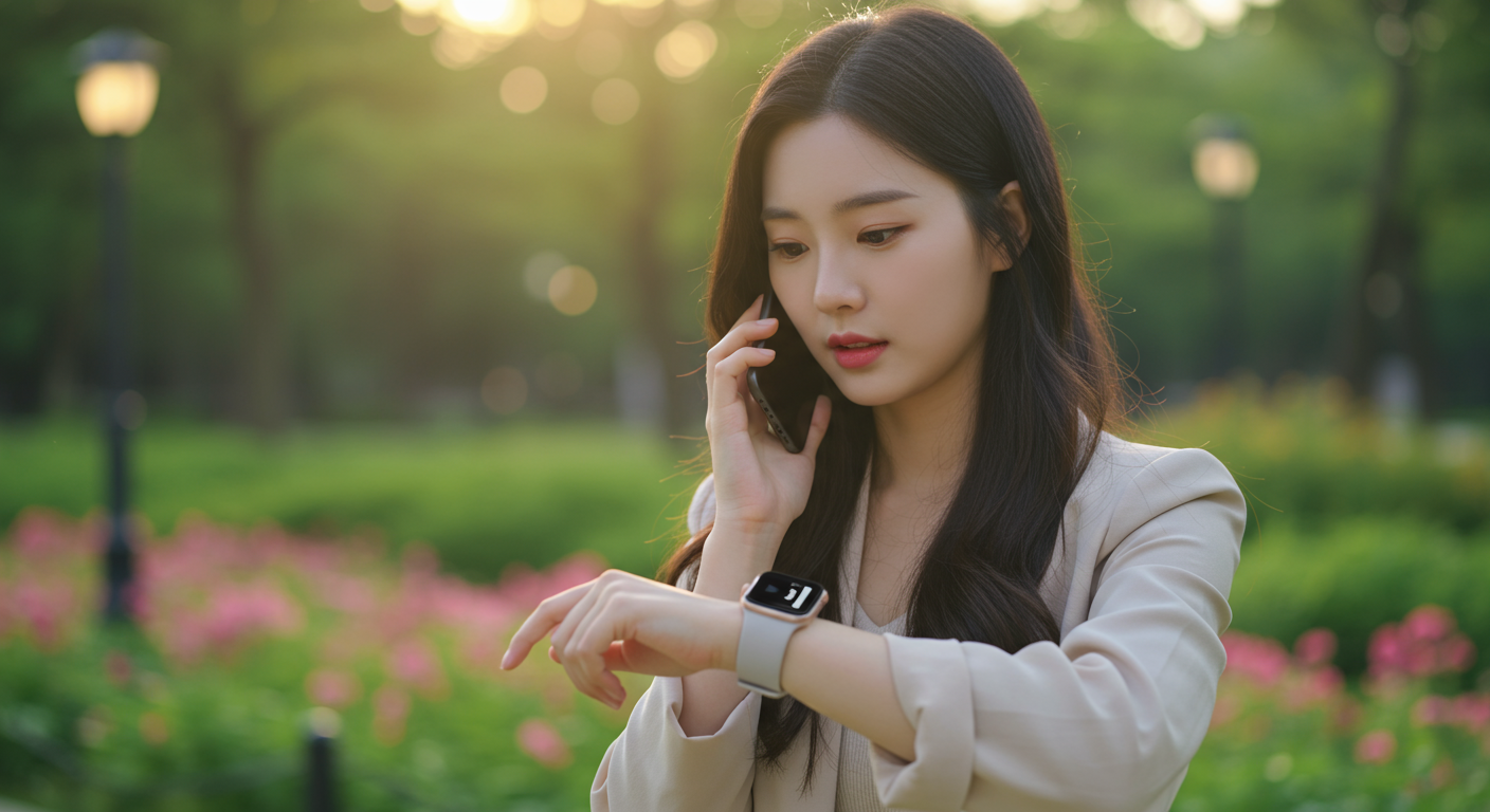 공원에서 애플워치를 사용해 음성 메모를 녹음하는 젊은 여성