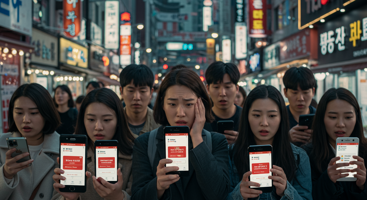 서울 거리에서 스마트폰으로 카카오톡 오류 메시지를 보고 당황하는 사람들