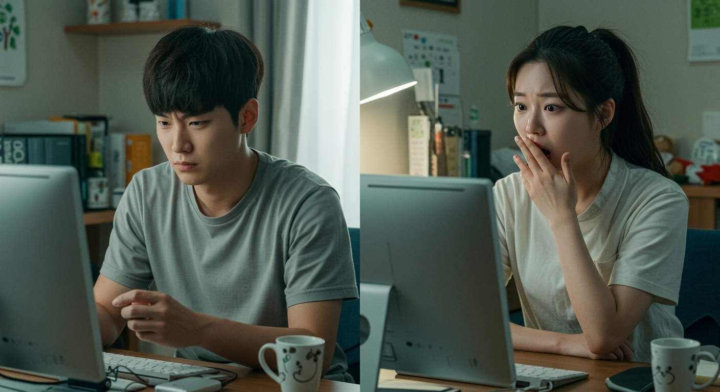 집에서 컴퓨터 화면을 보며 개인 정보 유출로 걱정하고 스트레스 받는 사람들