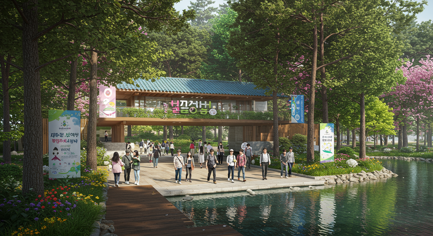 남이섬 입구에서 관광객들이 오가는 모습과 자연 풍경