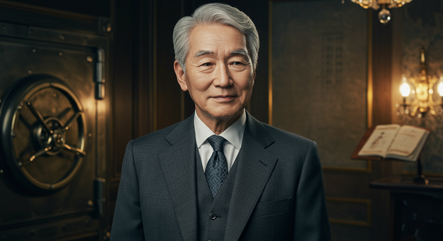 정장 차림의 노신사가 금융 관련 배경과 함께 있는 모습