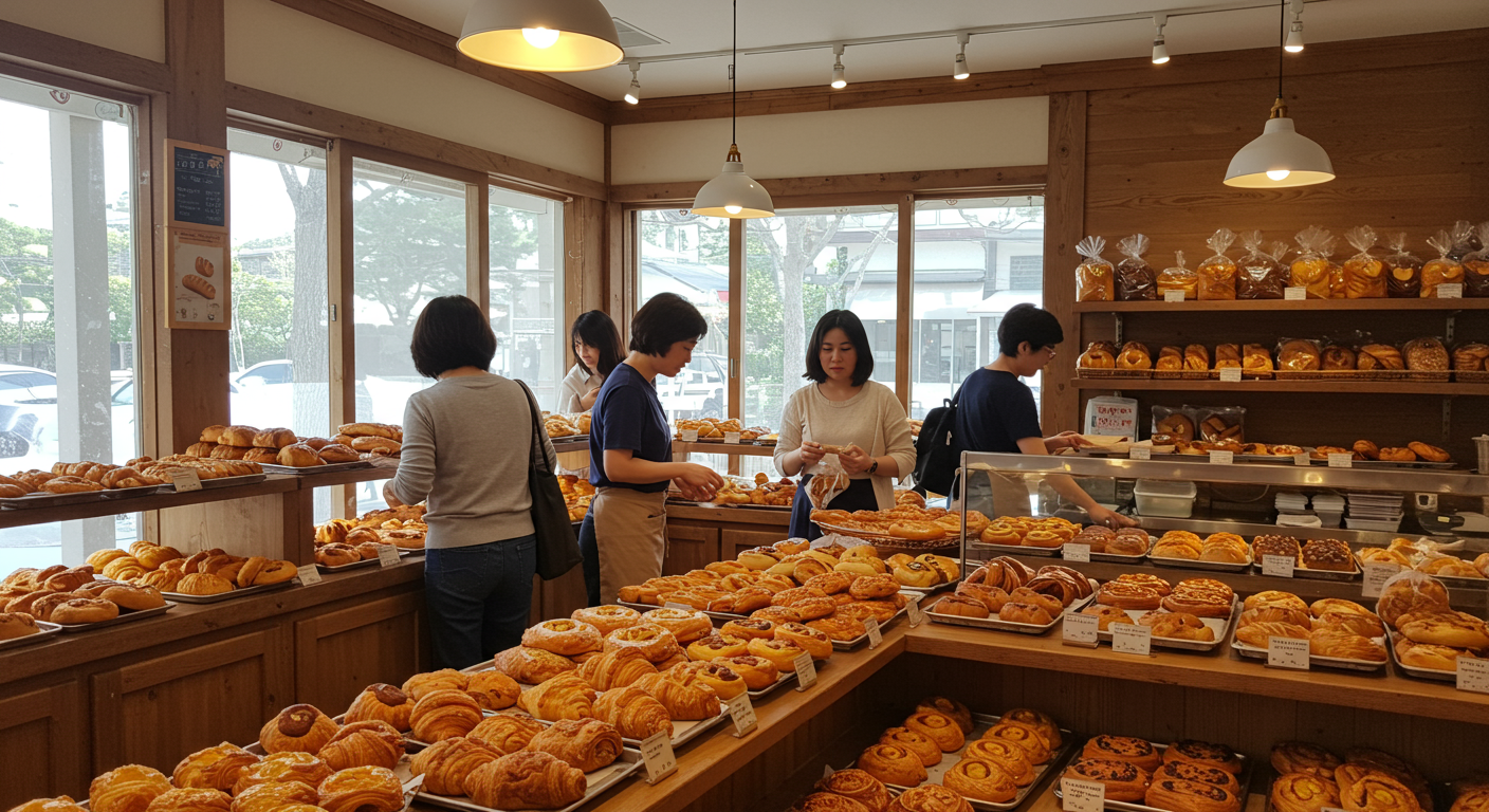 아침 일찍 빵집에서 신선한 빵을 고르는 사람들