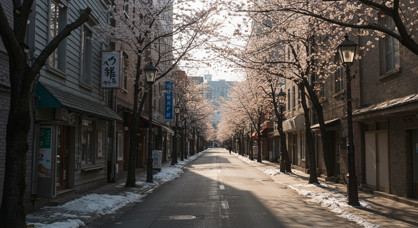 봄 초입의 삿포로 거리 풍경, 녹아내리는 눈과 피어나는 나무들