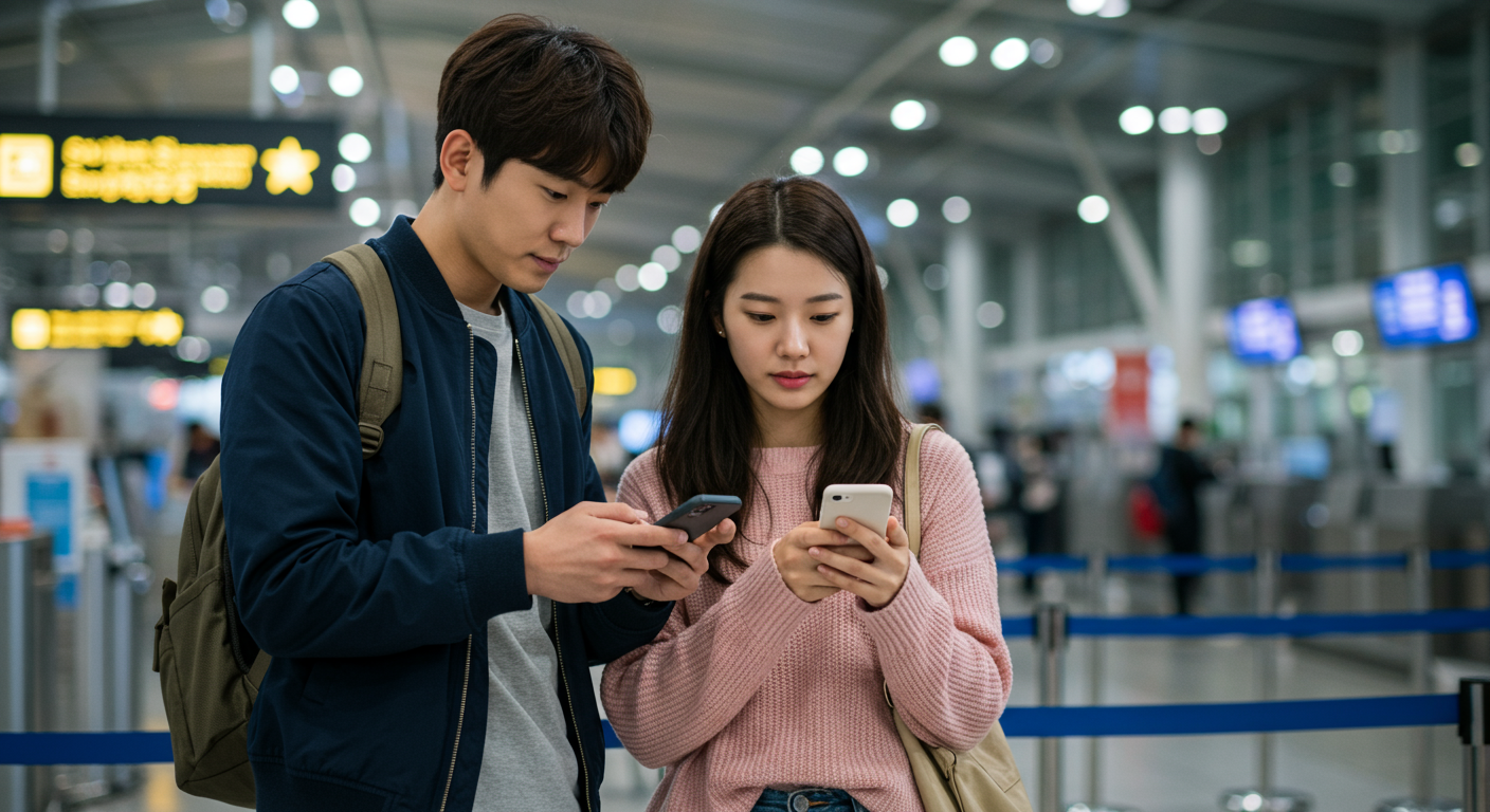 공항 카운터에서 스마트폰으로 항공권 특가를 확인하는 커플