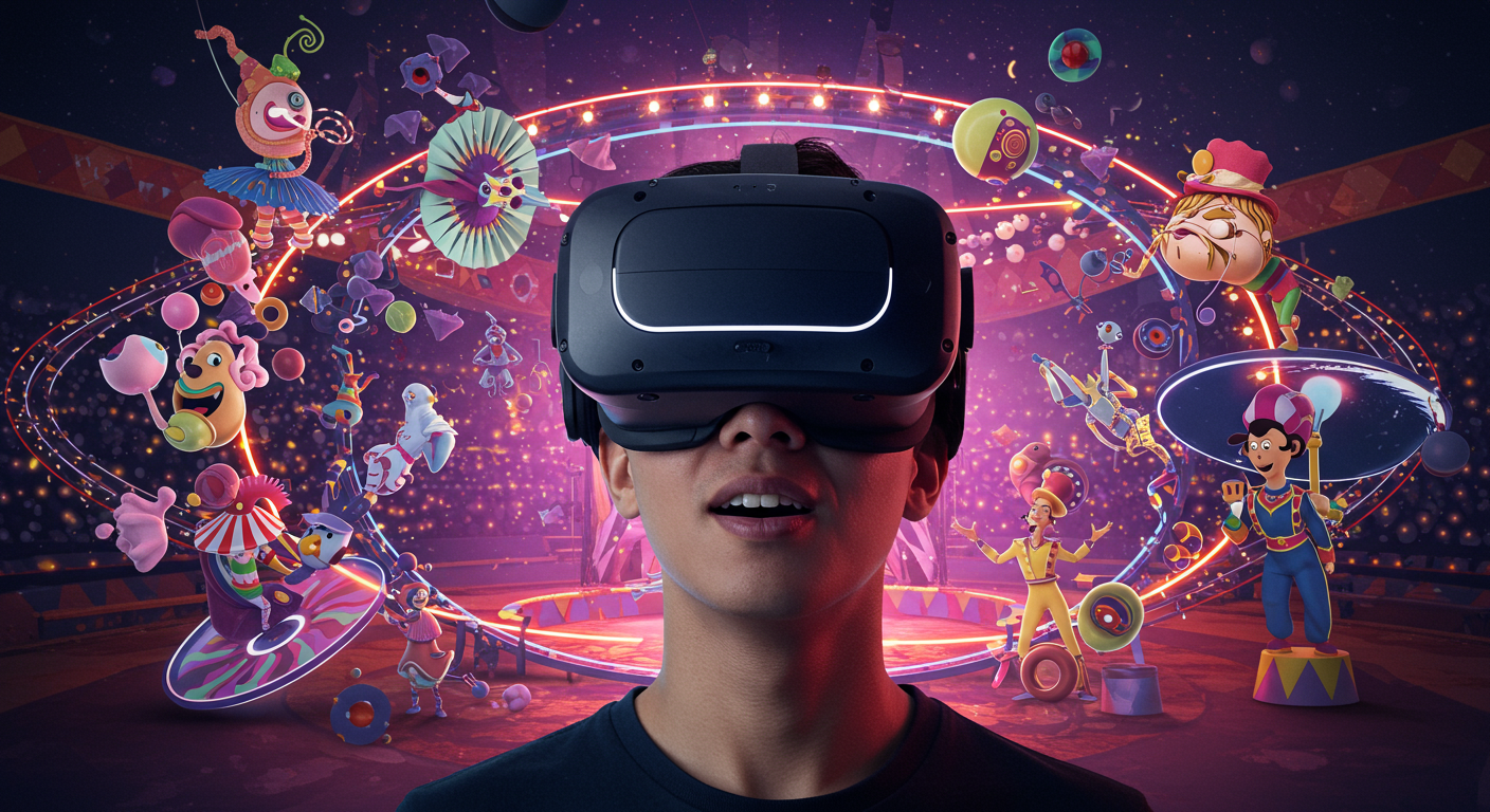 VR 헤드셋을 착용하고 디지털 서커스를 즐기는 사람