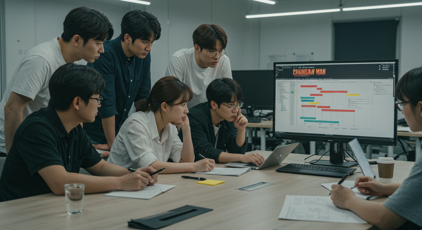 여러 우선순위 속에서 체인소맨 시즌 2 제작 자원과 일정을 분석하는 프로덕션 팀