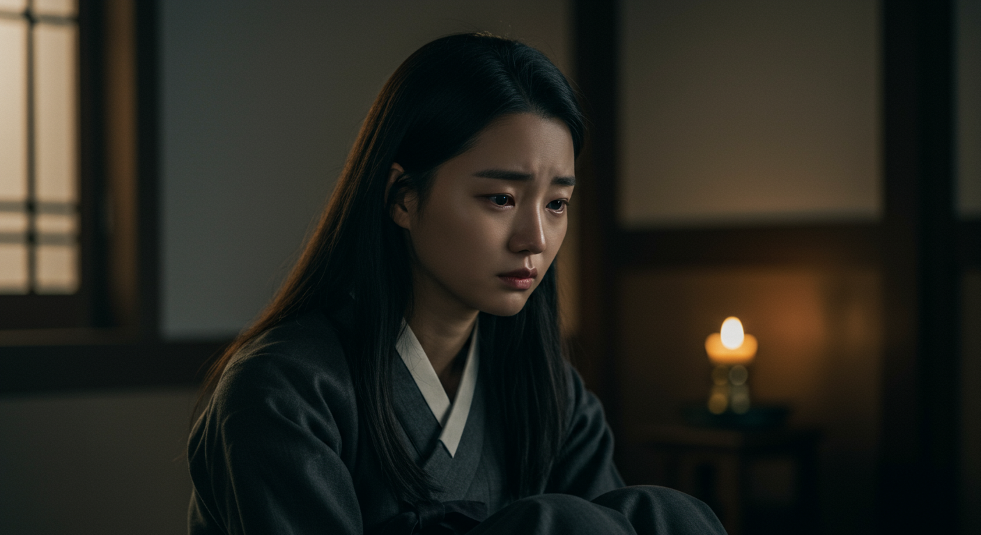 어두운 방에서 과거의 기억에 잠긴 여성의 모습