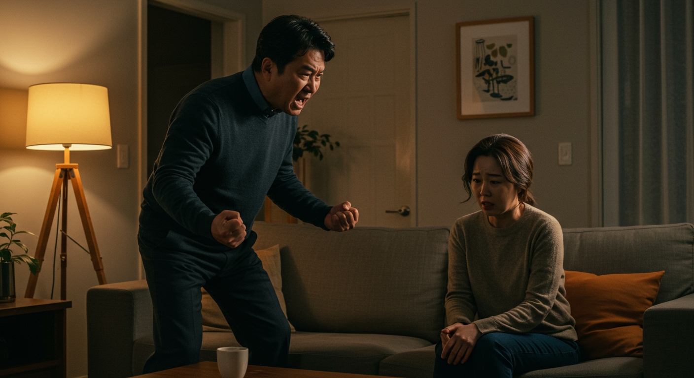 긴장감 넘치는 가정 내 장면 속 남성과 두려움에 빠진 여성