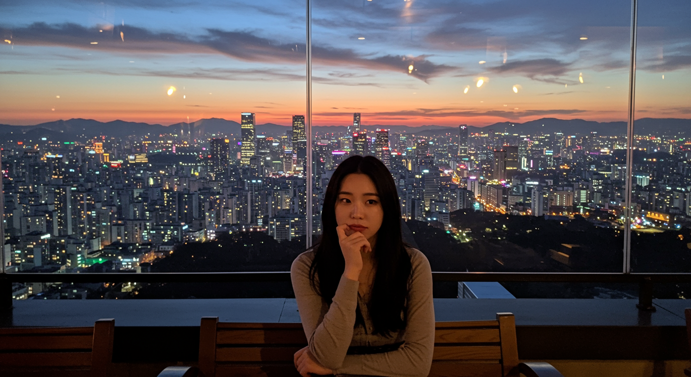 현대 한국 여성이 도시 배경에서 인생을 고민하는 모습