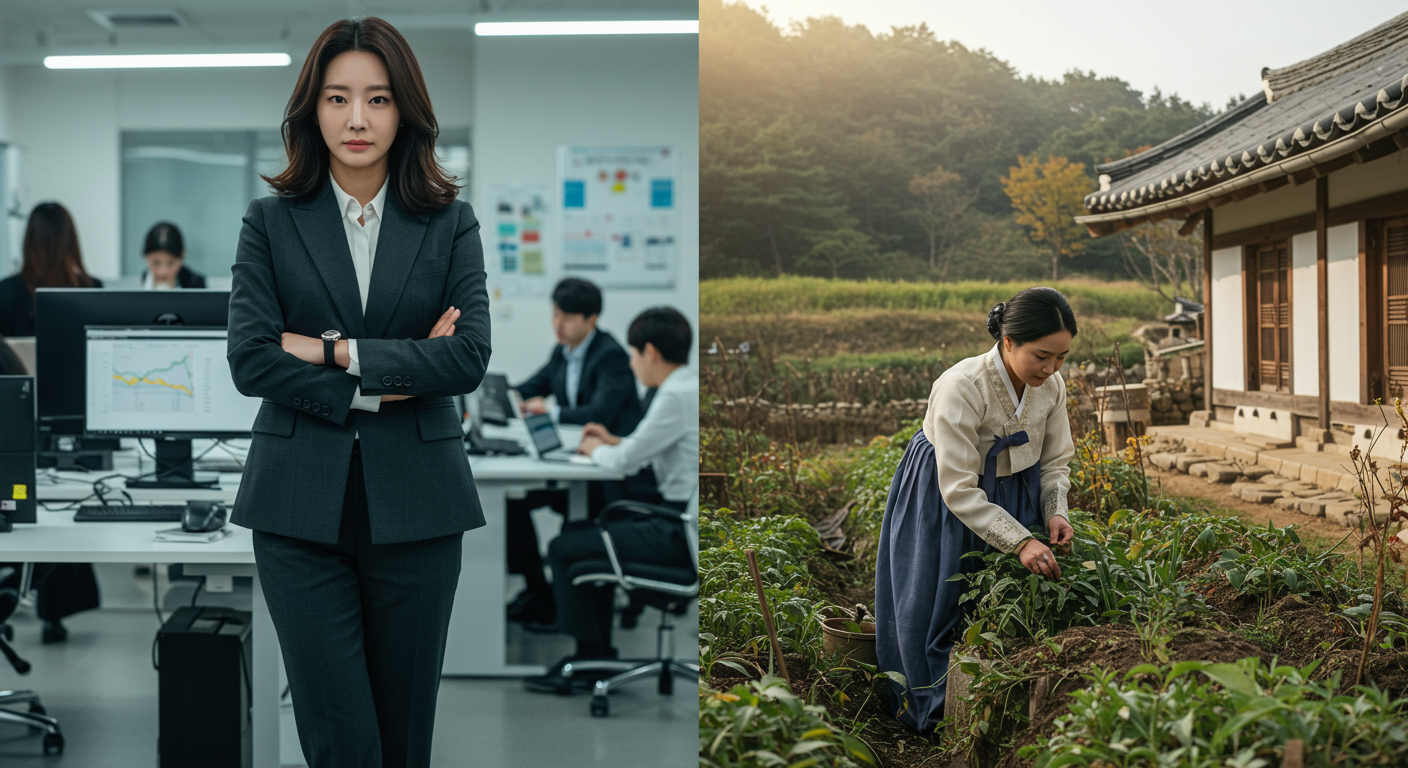 이중 정체성을 가진 여성의 이미지로 한쪽은 자신감 있는 비즈니스 우먼이고 다른 쪽은 겸손한 마을 주민으로 묘사됨