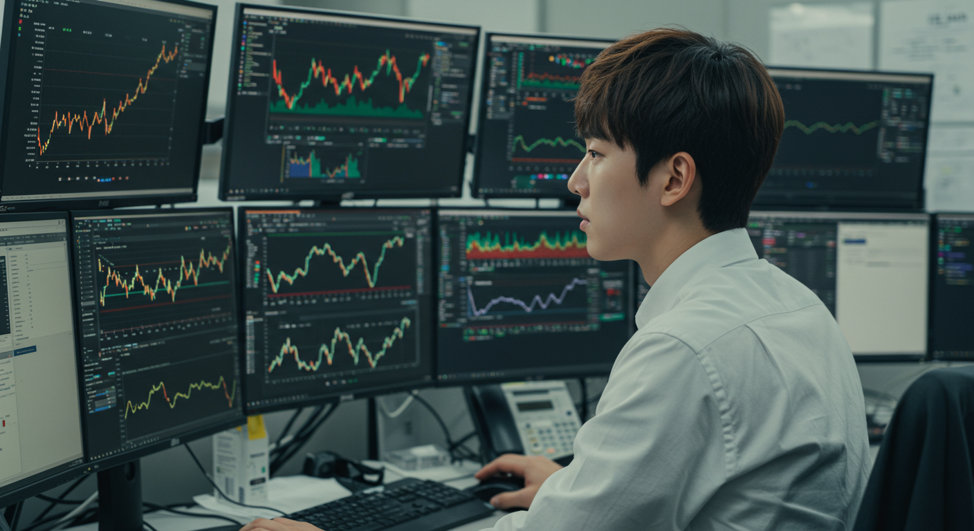 주식 시장 데이터와 알고리즘 차트를 보여주는 모니터 앞에서 집중하는 현대적인 사무실의 모습