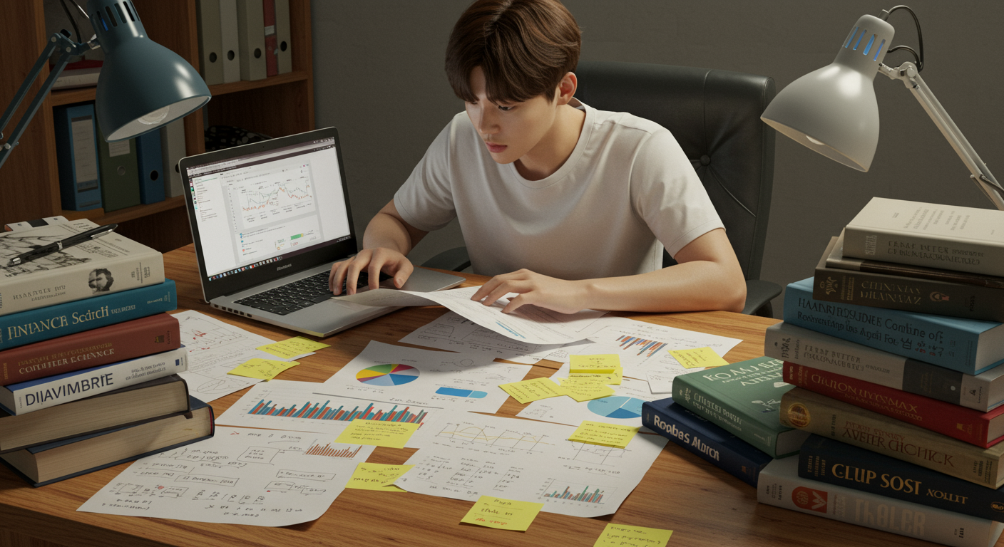 노트북과 메모를 사용하여 주식 검색 알고리즘을 시뮬레이션하는 학생의 모습