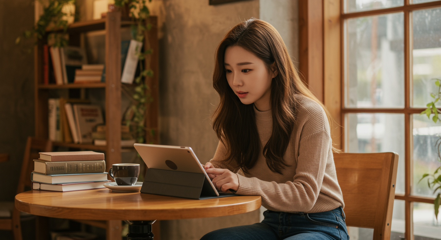 카페에서 태블릿으로 주식 거래에 대해 배우는 젊은 여성의 모습