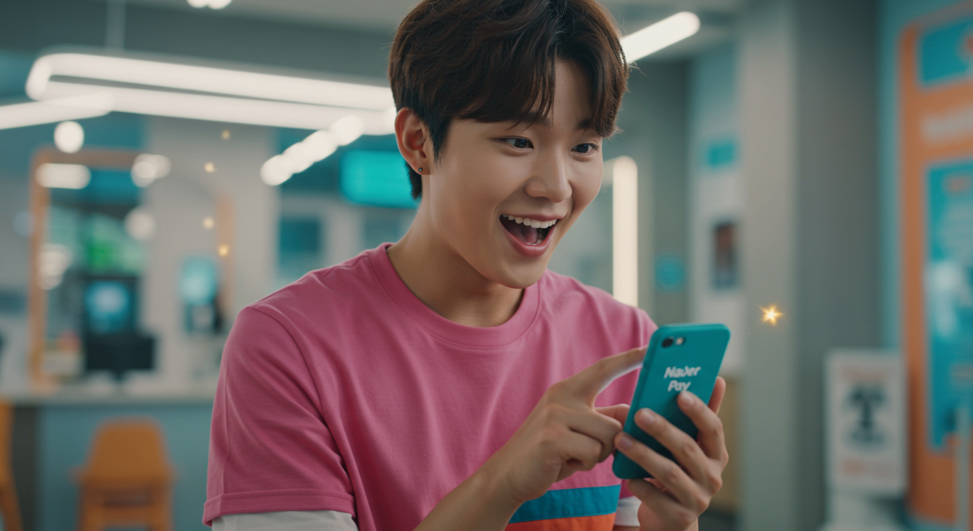 네이버페이 앱을 확인하며 기뻐하는 젊은 성인의 모습