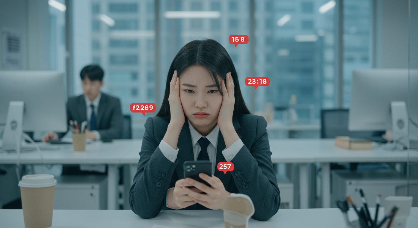 현대 사무실에서 일하는 중에 휴대폰 알림으로 방해받는 직장인의 모습