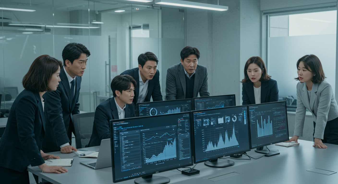 현대식 사무실에서 사용자들이 통계 자료와 불분명한 데이터를 보며 투명성 문제를 논의하는 장면