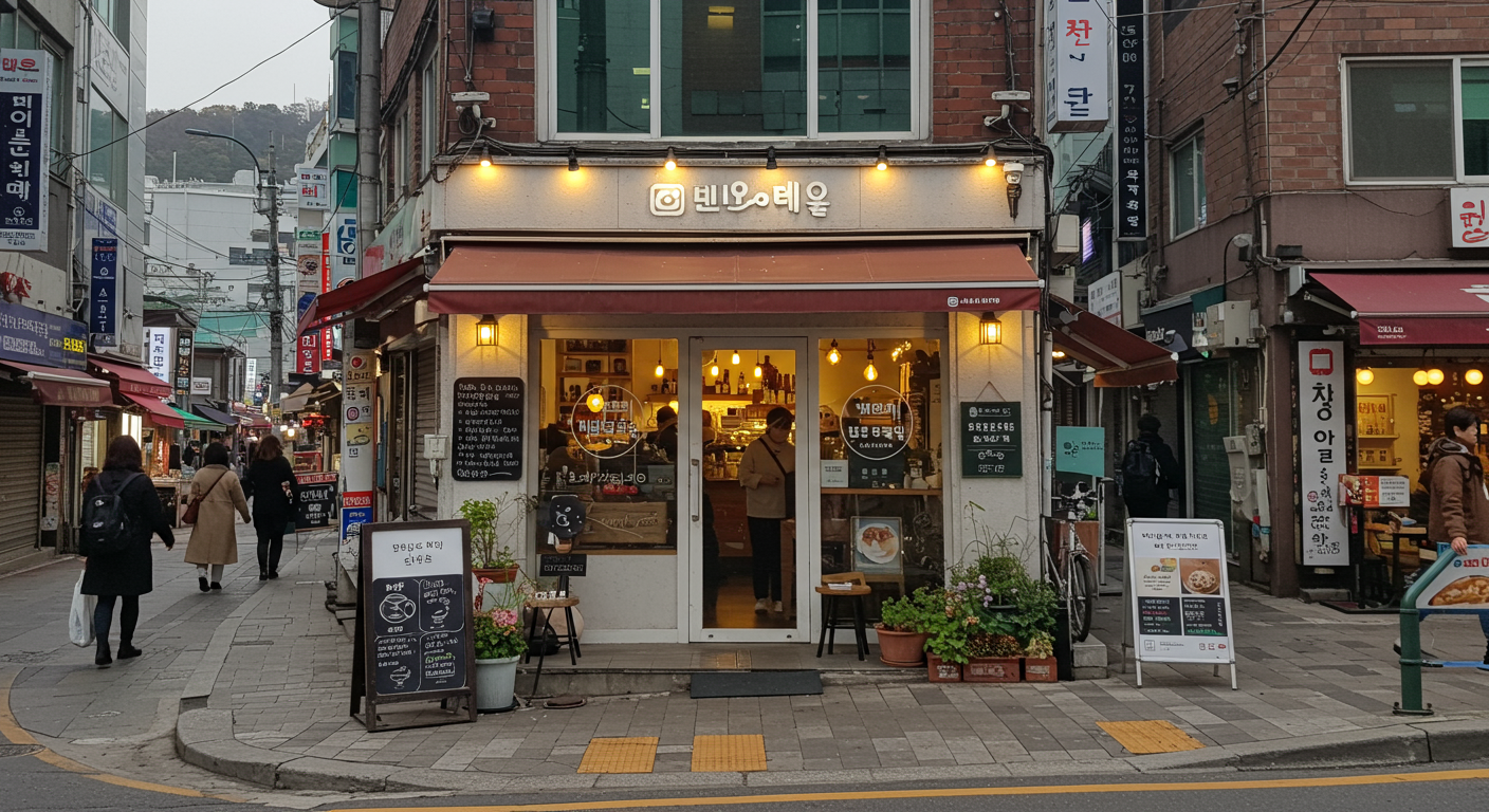 서울의 활기찬 거리 속 아늑한 카페가 지하철과 인근 식당 및 상점과 가까이 위치해 있는 모습