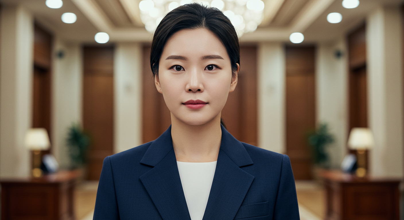 비즈니스 슈트를 입고 자신감 있게 서 있는 현대적 여성의 모습