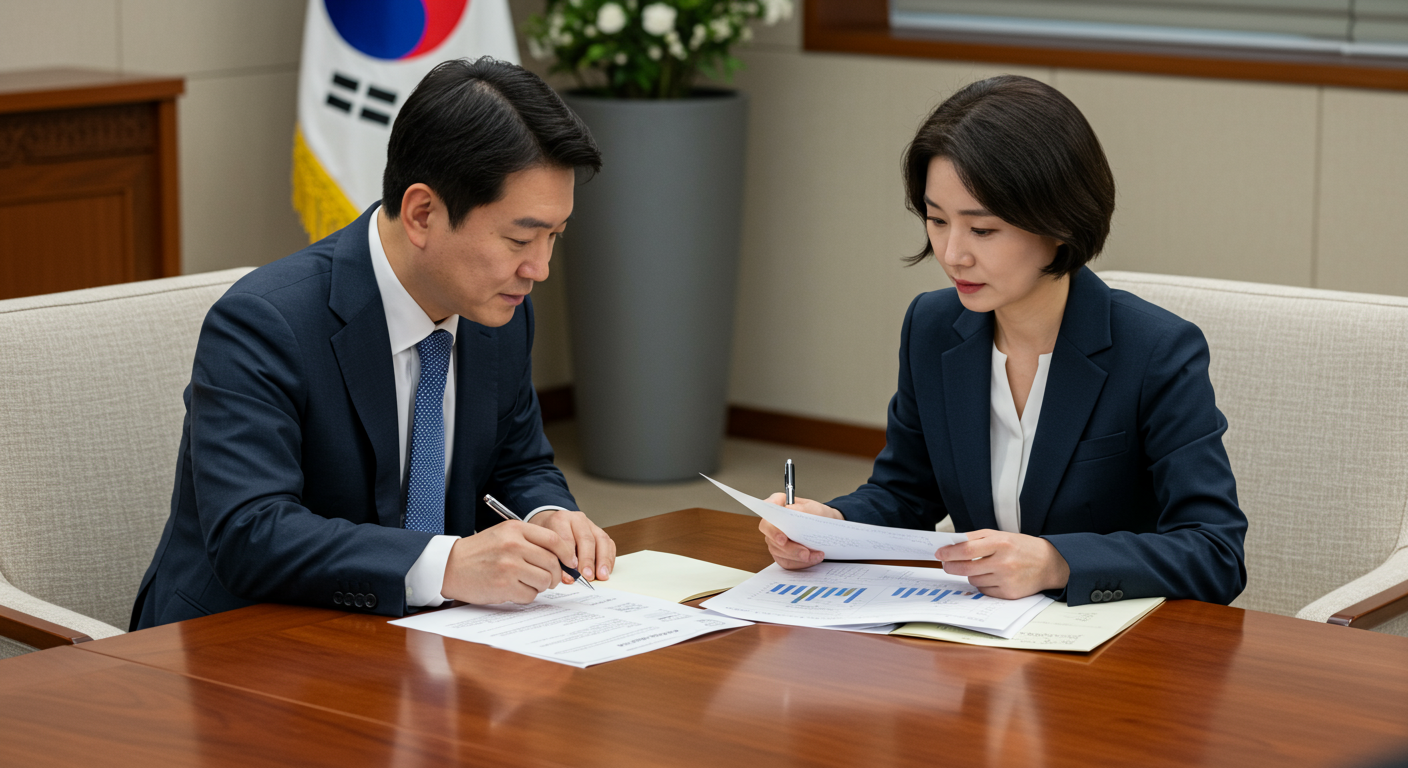 회의실에서 전략을 논의하는 두 명의 한국인 전문가