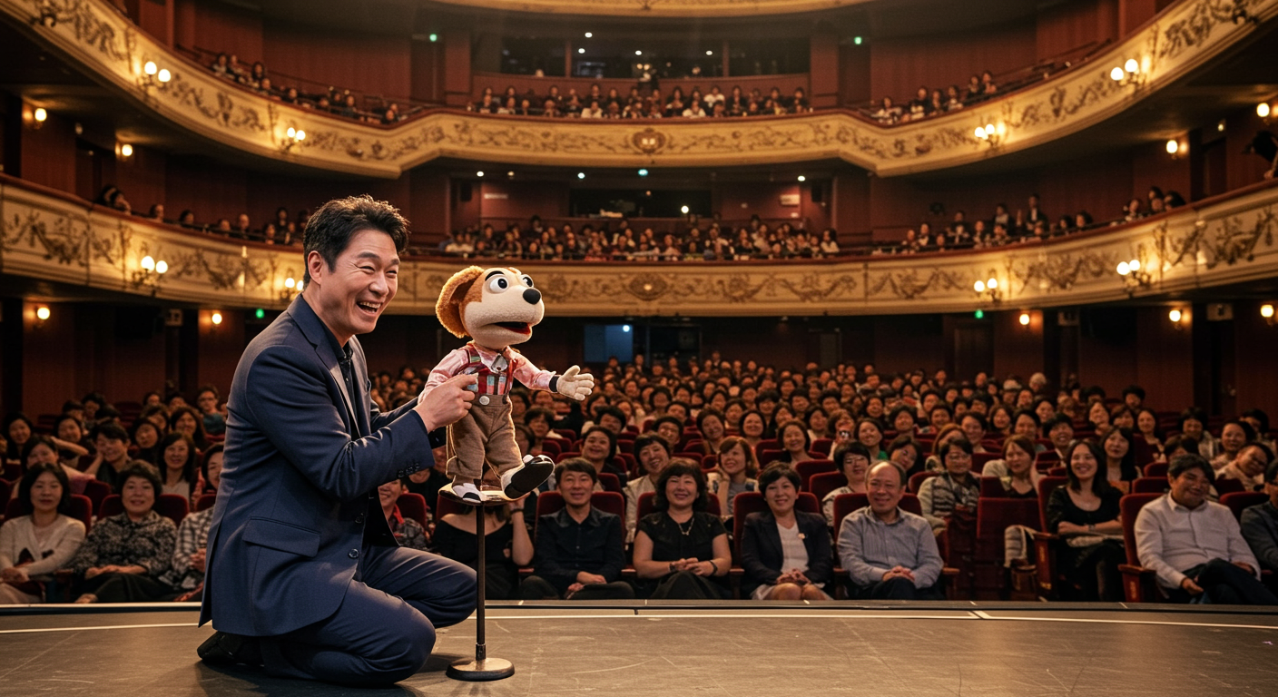 한국의 복화술사가 무대에서 인형과 함께 공연을 하고 있으며 관객들이 경청하고 있는 모습