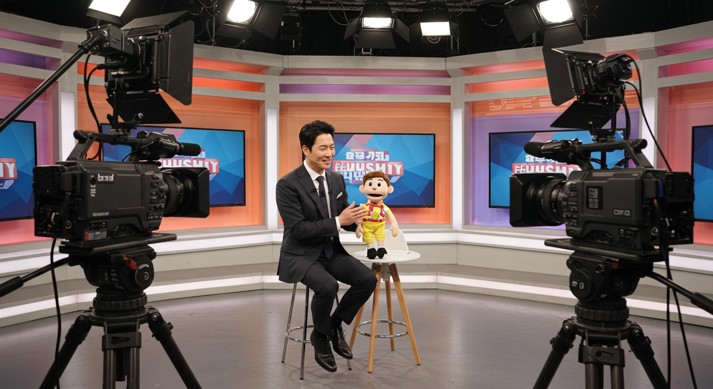 텔레비전 스튜디오에서 인터뷰나 공연 중인 한국의 복화술사의 모습