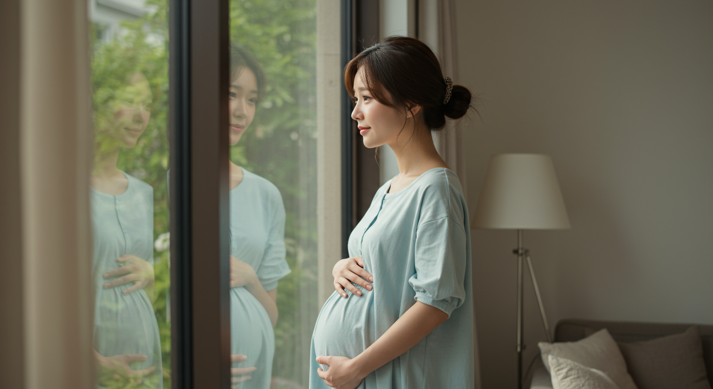 집에서 임신 초기 신체 변화를 느끼며 사색하는 현대 여성