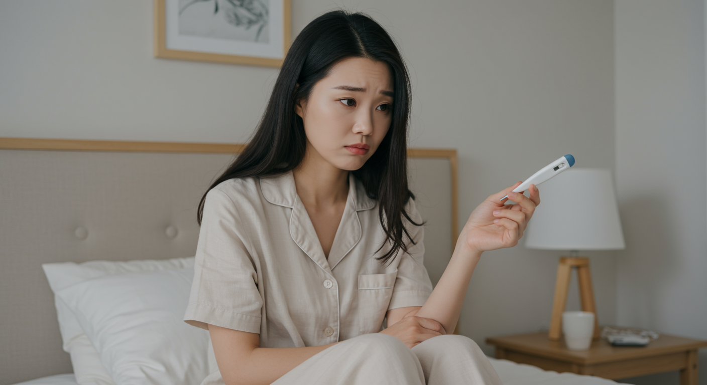 체온계로 체온 변화를 확인하며 걱정스러운 표정을 짓는 젊은 여성
