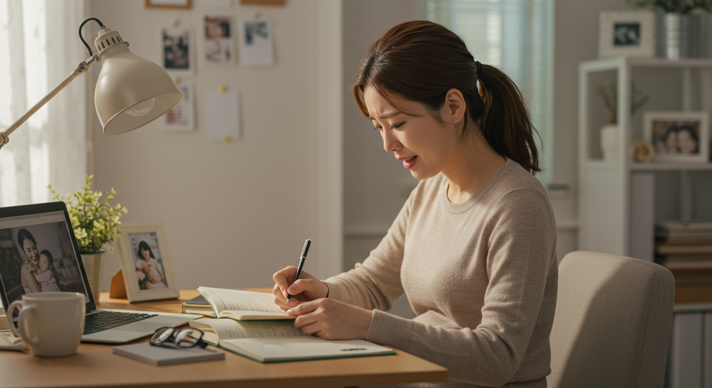 호르몬 변화로 인해 감정 기복을 느끼며 책상에서 일기를 쓰는 여성