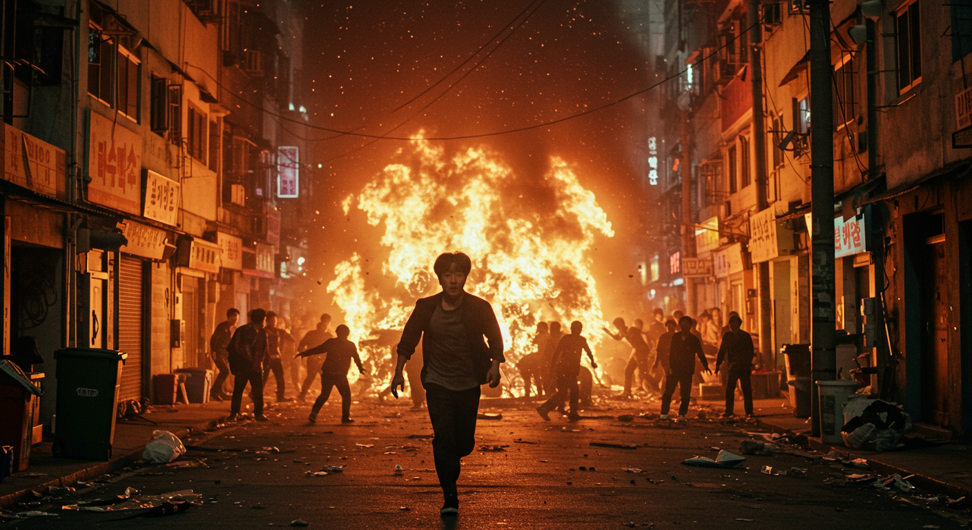 도시 야경 속 큰 화재로부터 도망치는 스트레스 받은 사람
