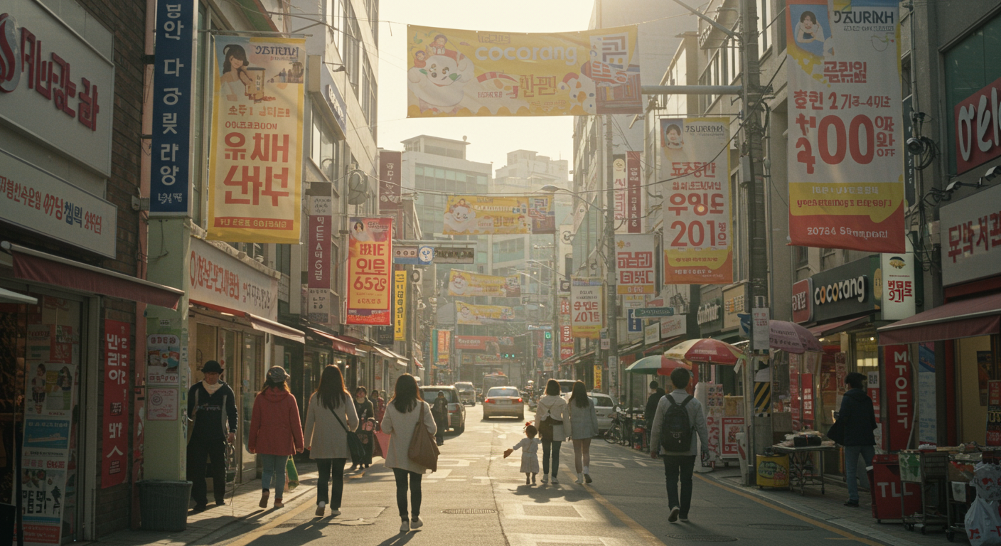 서울 거리의 대형 배너로 홍보되는 시즌별 세일과 할인 행사