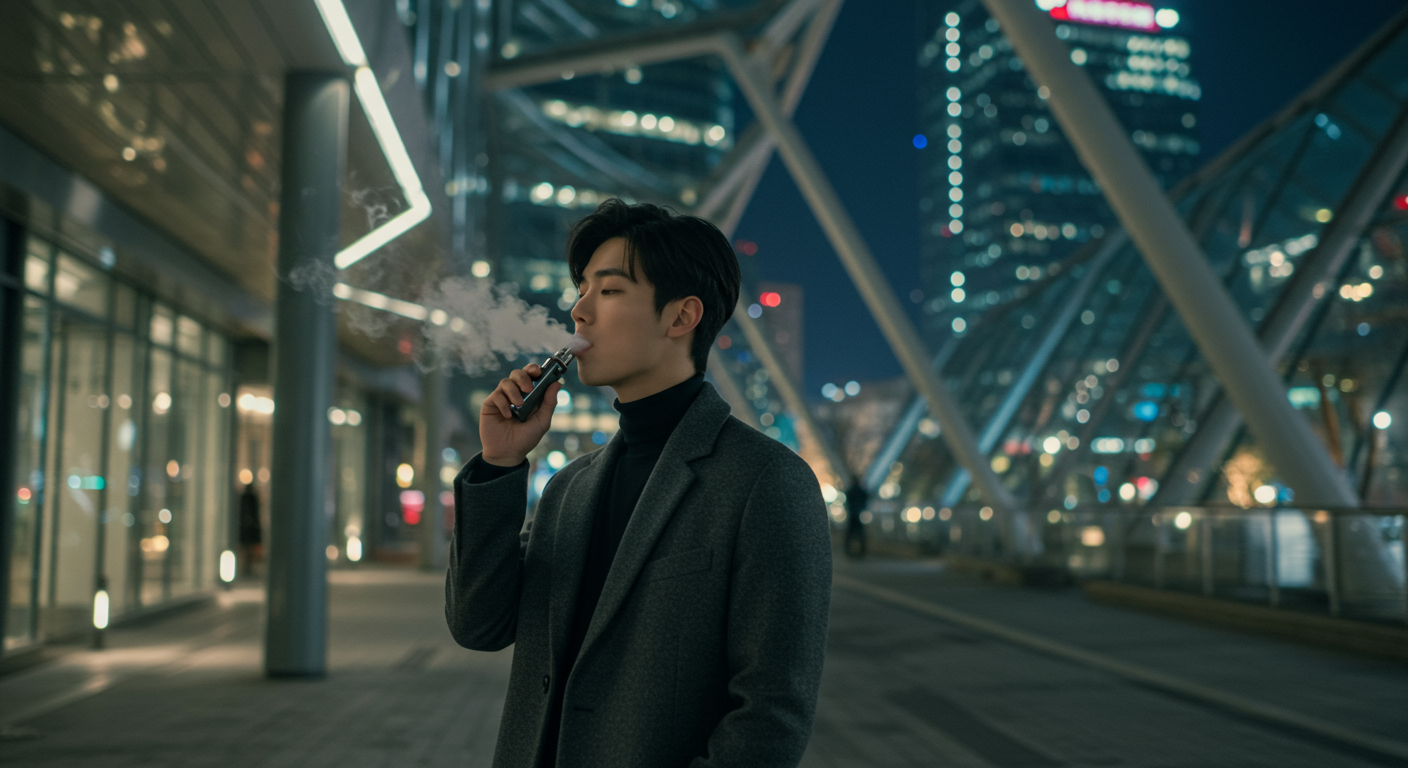 세련된 도시 배경에서 현대적인 남성이 베이핑을 즐기는 모습