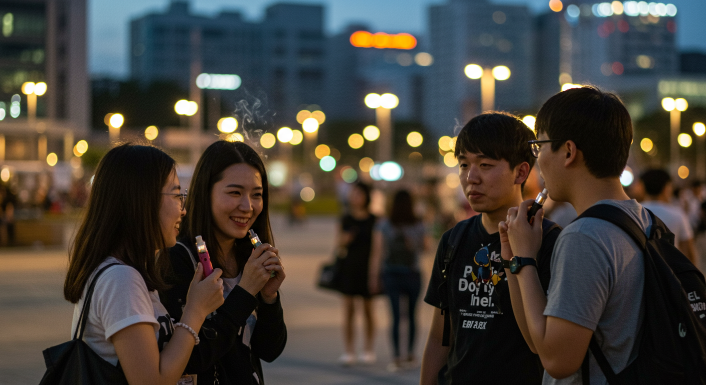 도심 속 야외에서 젊은 사람들이 무니코틴 전자담배를 즐기는 장면