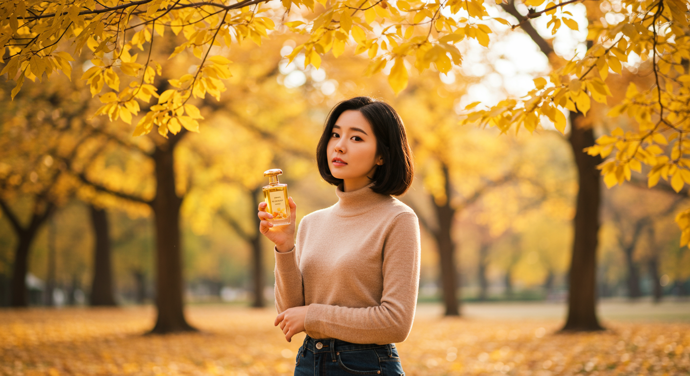 공원에서 가을 낙엽 사이로 오스만투스 향수를 들고 있는 여성의 모습