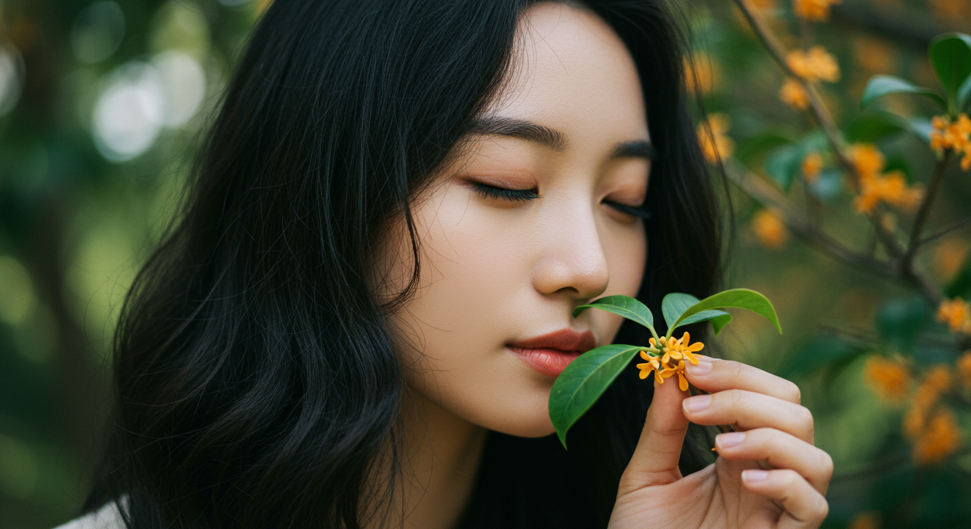정원에서 눈을 감고 오스만투스 꽃을 맡으며 생각에 잠긴 젊은 여성의 모습