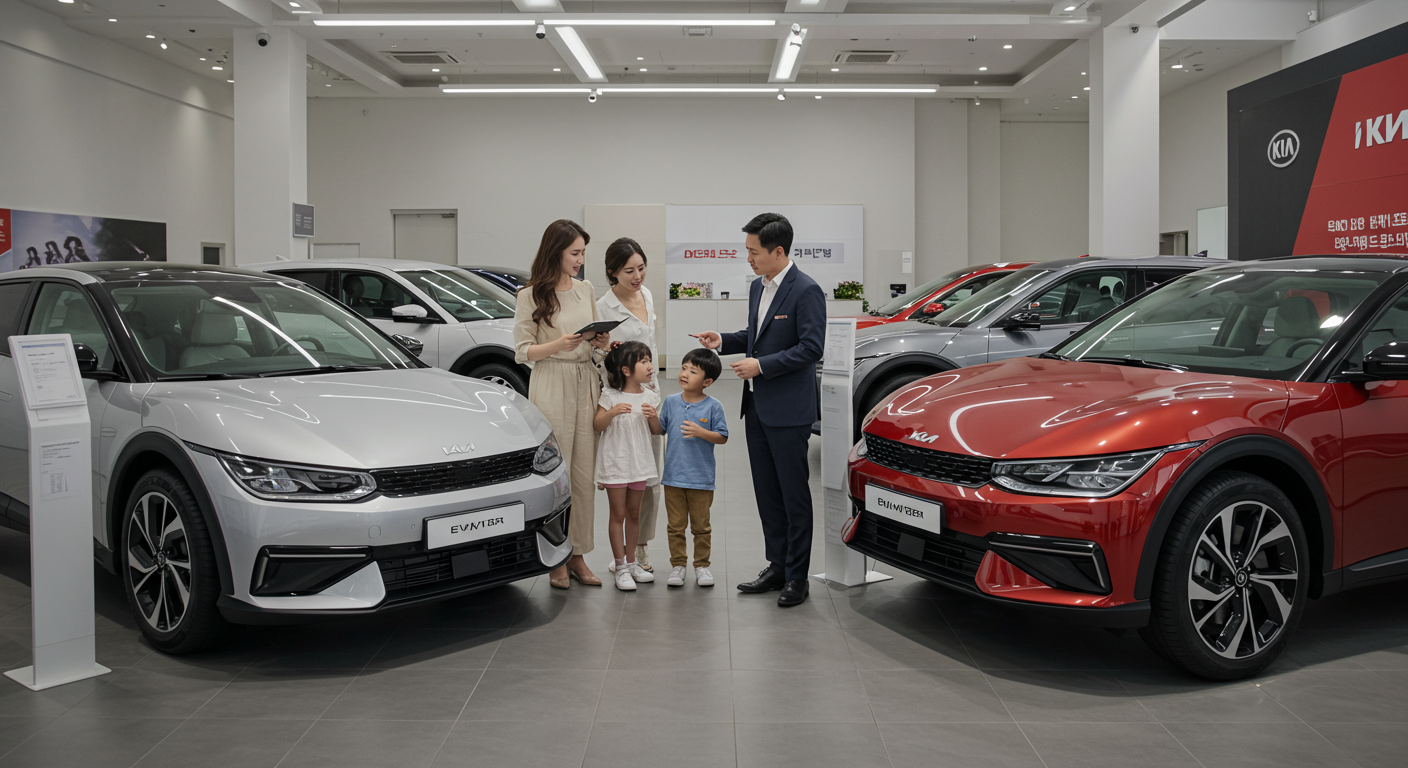 자동차 대리점에서 가족이 다양한 기아 EV5 트림을 상담받는 장면