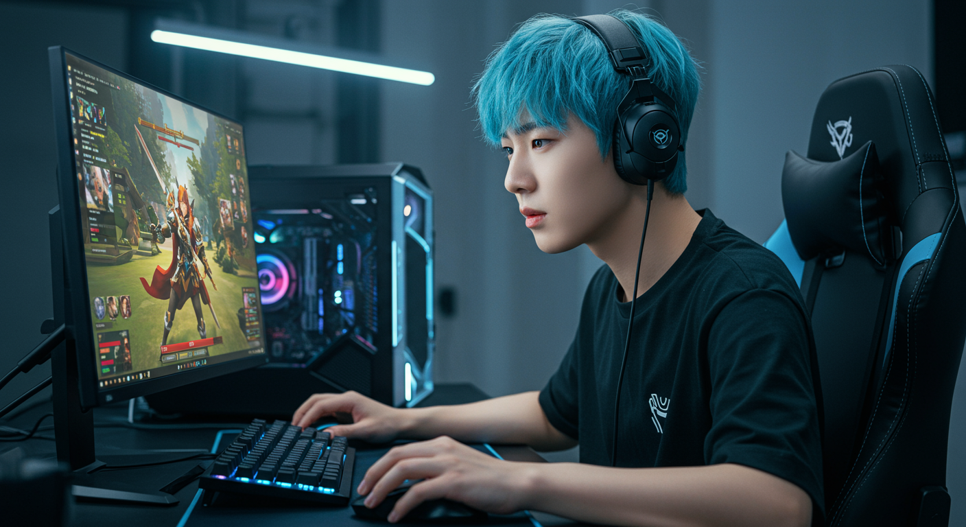 최신 컴퓨터 앞에서 온라인 RPG 게임에 몰입한 게이머의 모습