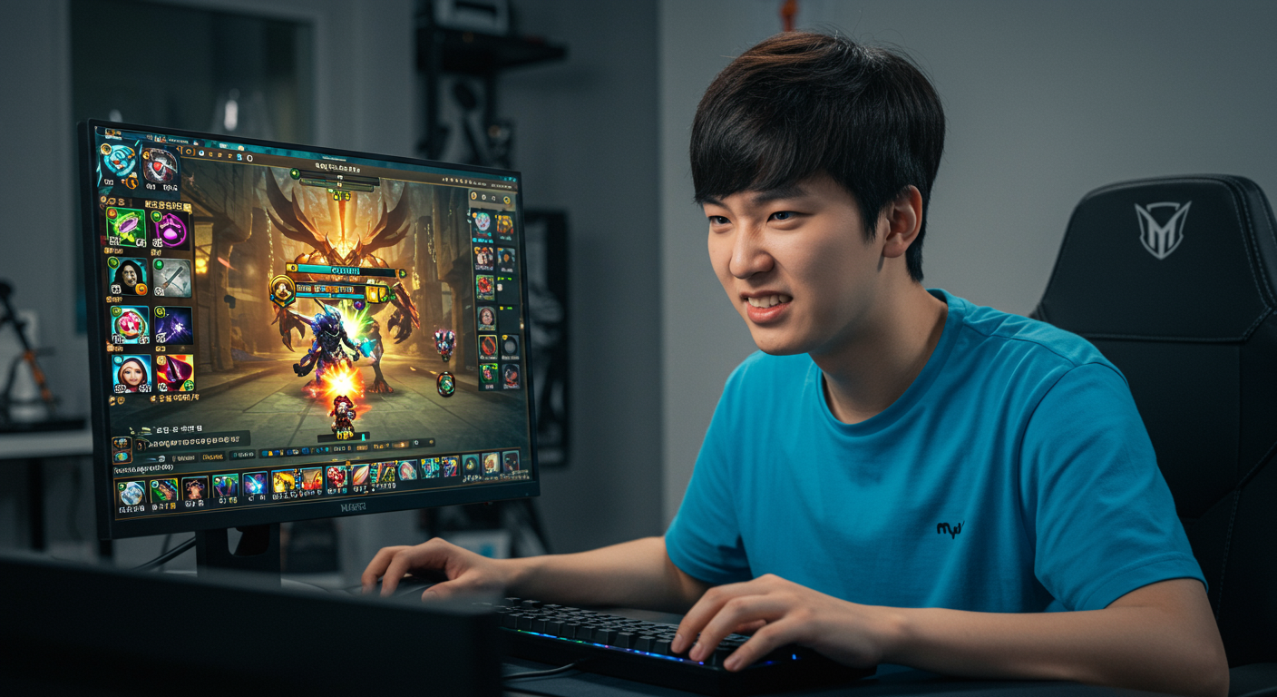 한 한국인이 방에서 RPG 게임을 집중해서 플레이하는 모습