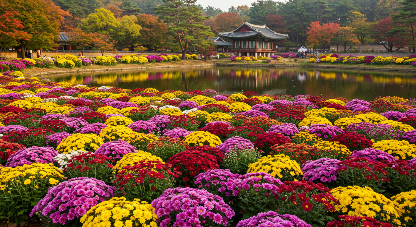 궁남지 연못 주변 국화 축제 현장의 화려한 색채