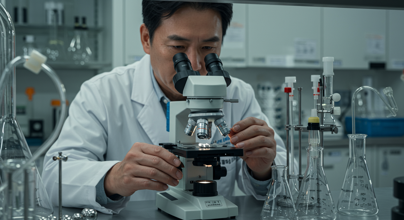 첨단 실험실에서 현미경으로 마그네슘 화합물을 분석하는 한국 과학자의 클로즈업 장면