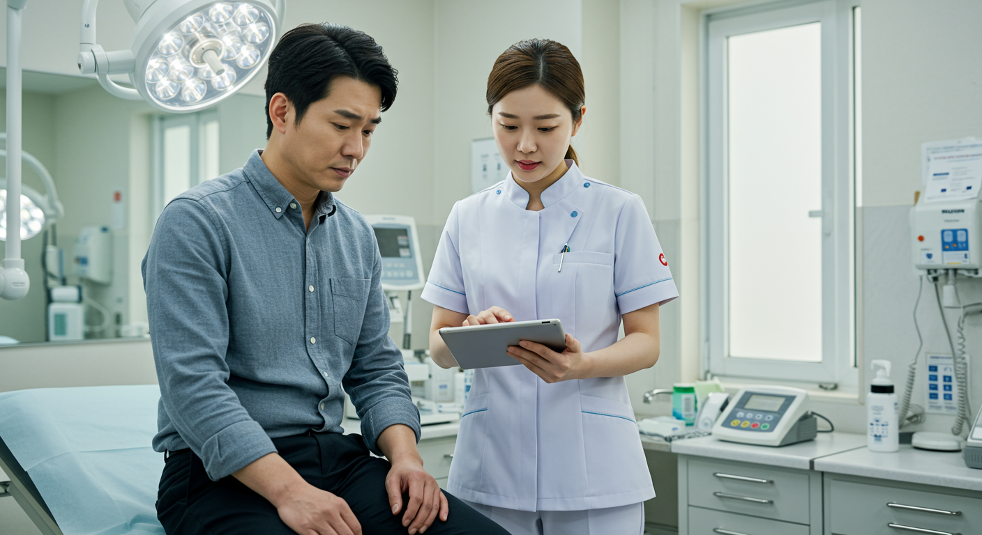 현대적인 병원에서 건강검진을 받으며 혈당 수치에 대해 설명 듣는 남성