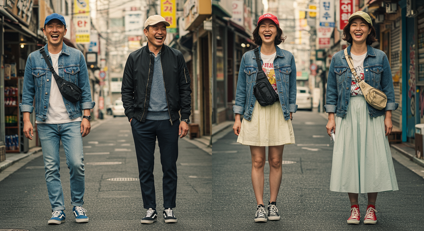 스트리트 스타일로 캡 모자와 크로스백을 착용한 중년 남녀