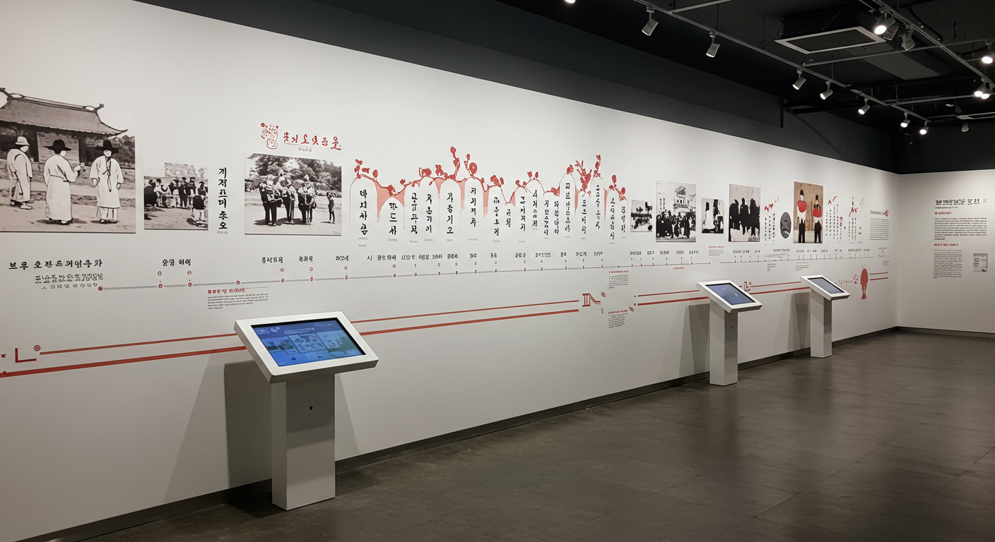 한국 아트 갤러리에 시대별 언어 변화를 보여주는 타임라인 벽화