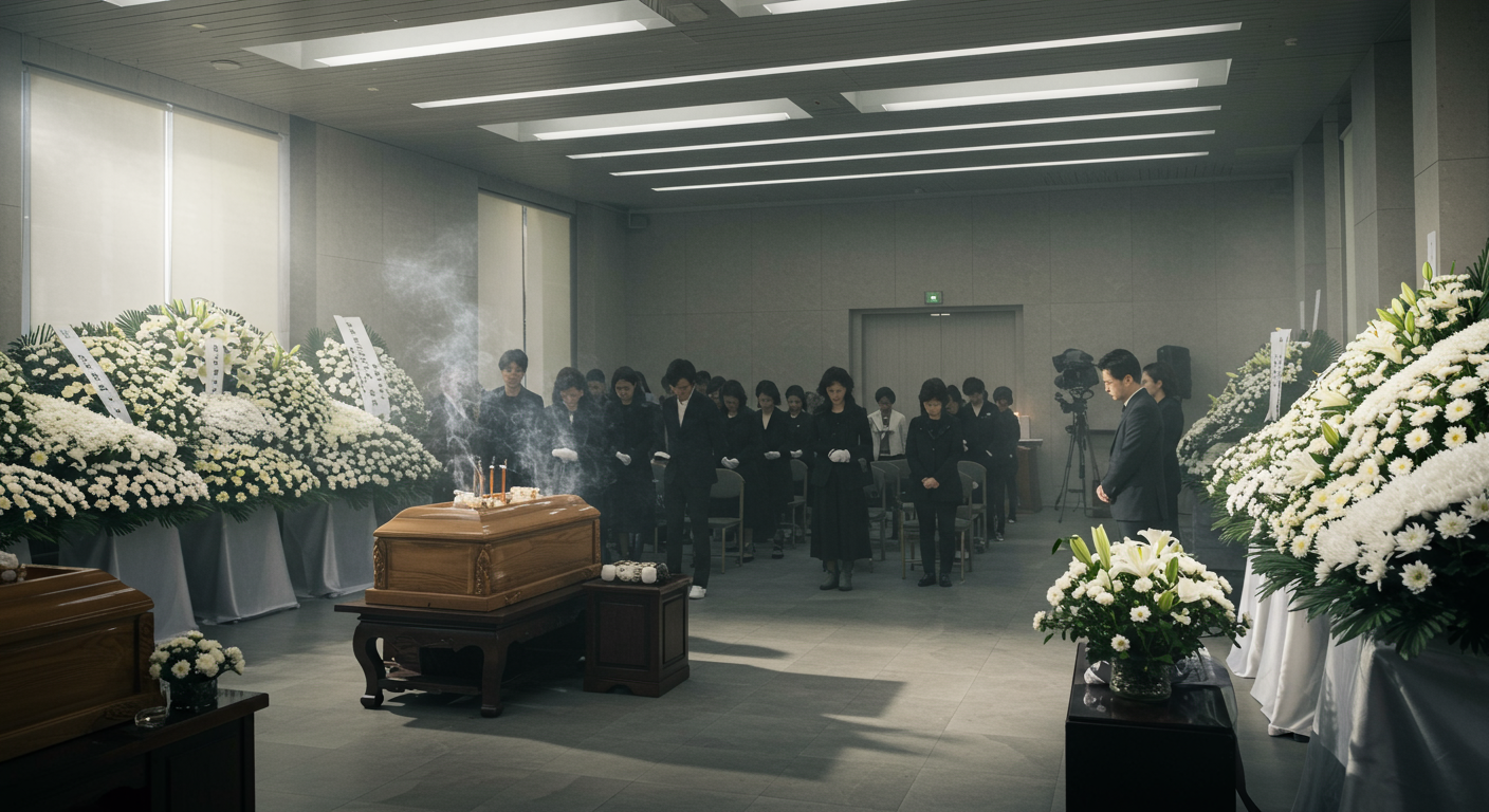 현대적인 한국 장례식장의 엄숙한 분위기와 검은 정장을 입은 참석자들