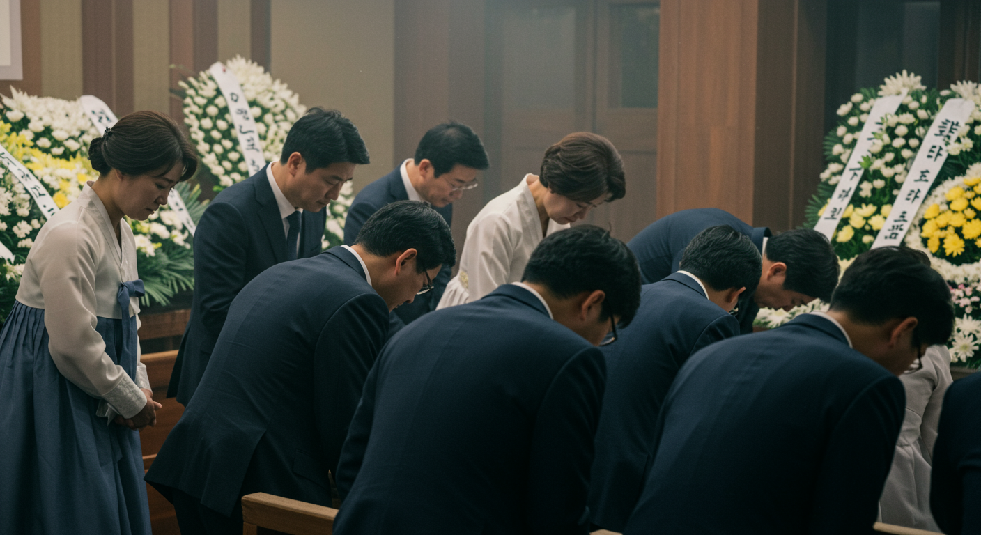 한국 장례식장에서 유족에게 정중히 인사하는 조문객들
