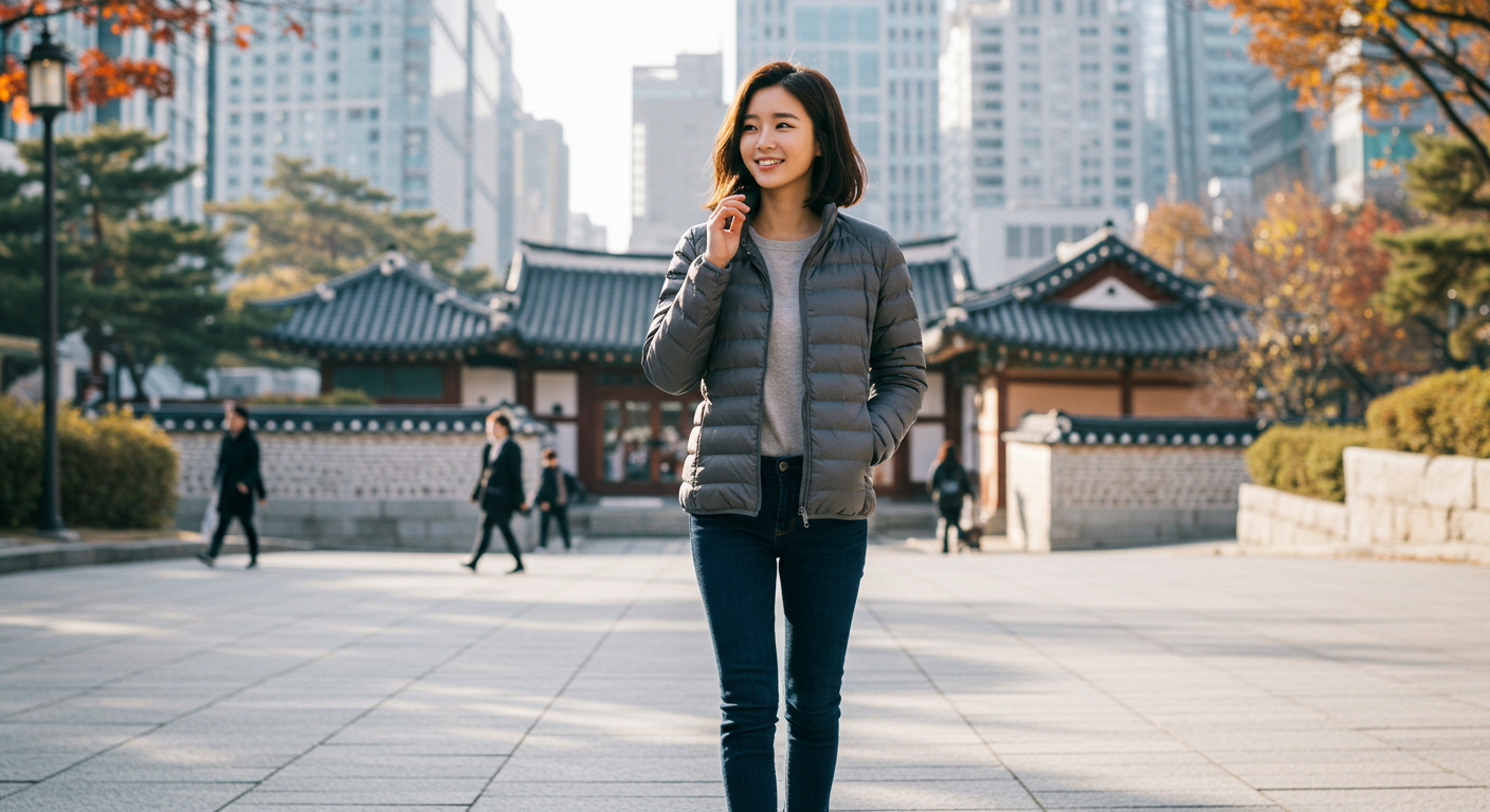 도심 속에서 가벼운 유니클로 패딩을 입고 있는 젊은 여성