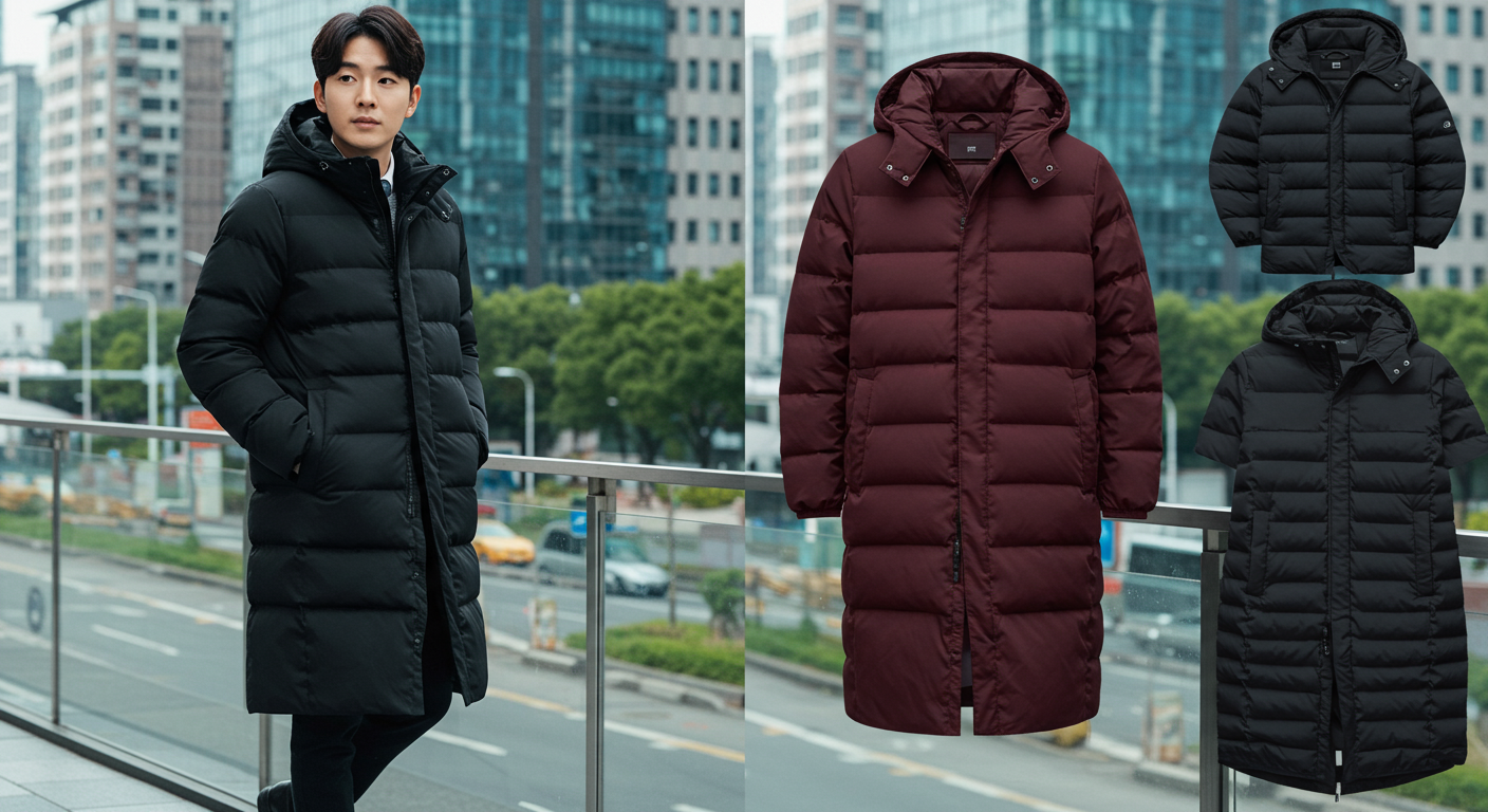다양한 색상의 긴 자켓형 유니클로 패딩을 입고 있는 직장인의 모습