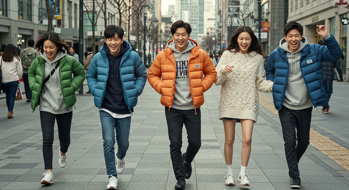 짧은 유니클로 패딩을 입고 활발히 움직이는 젊은이들