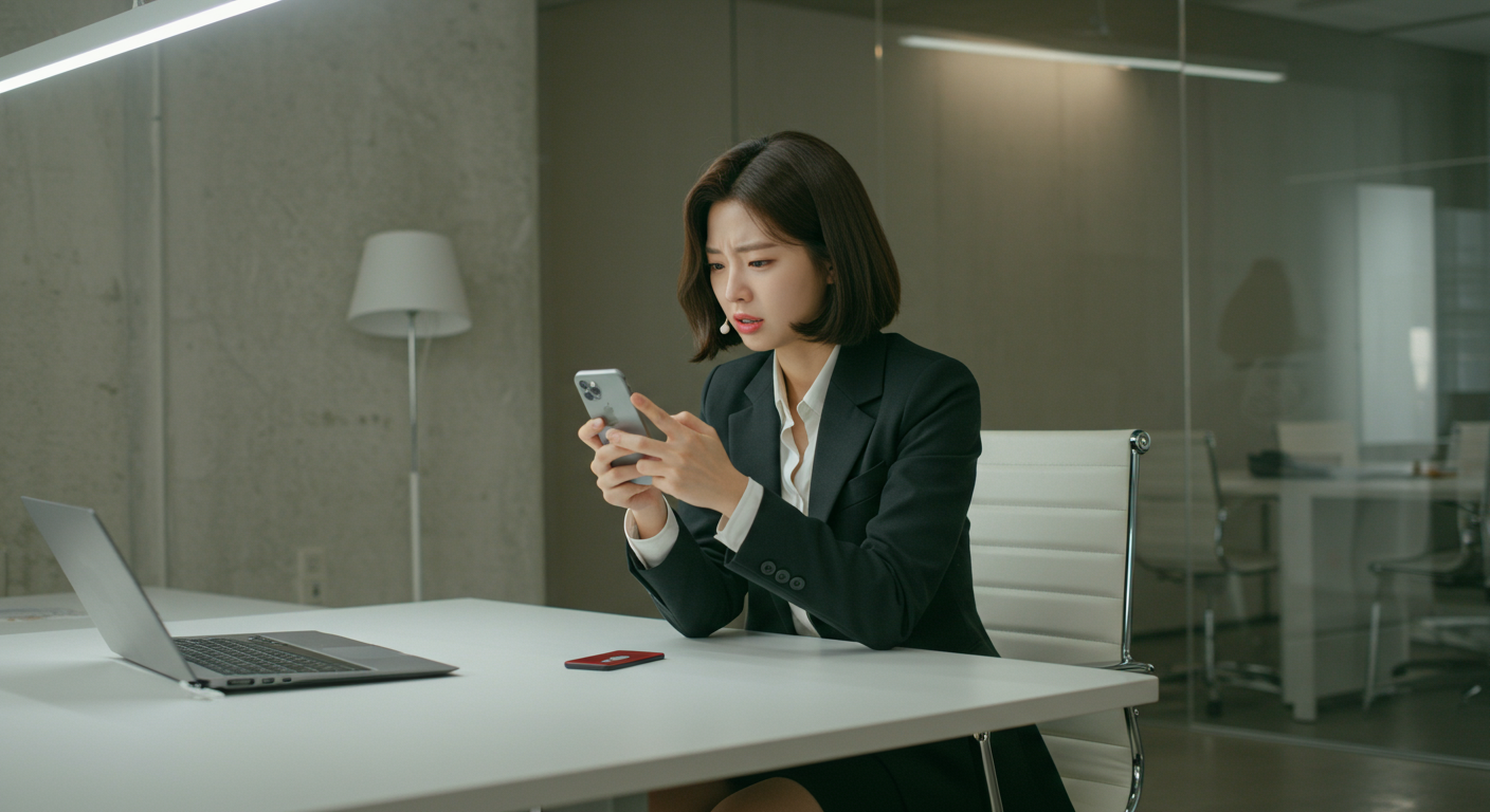현대적인 사무실에서 아이폰을 사용하는 여성의 모습
