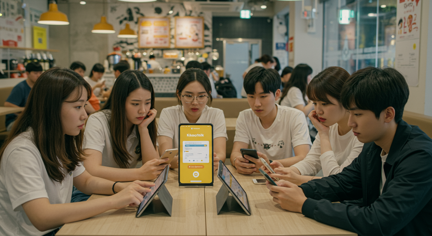 카페에서 노트북과 스마트폰을 사용하며 새로운 업데이트에 대해 토론하는 학생들