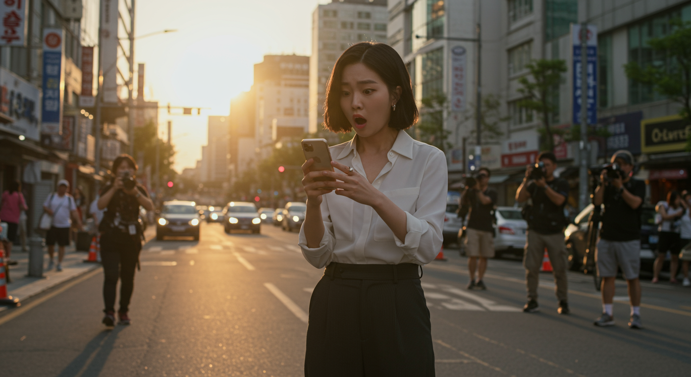 도시 환경 속에서 핸드폰을 보고 놀라는 유명 가수의 모습과 멀리서 사진 찍는 파파라치